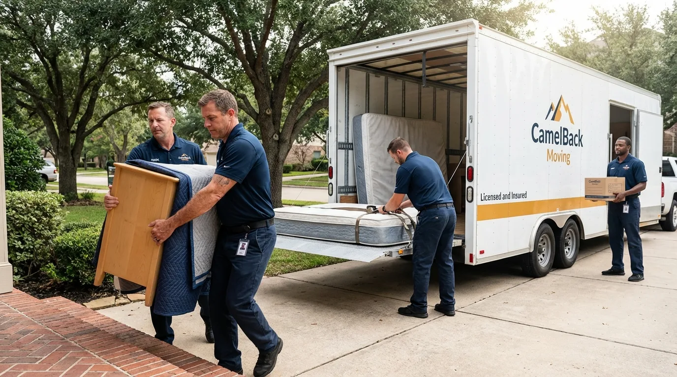 Crew loading residential truck for cross-state move from East Moline, IL