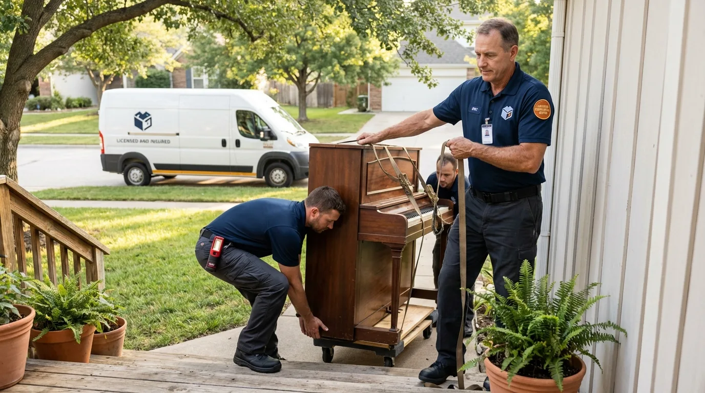 Licensed piano movers securing grand piano in East Moline, IL