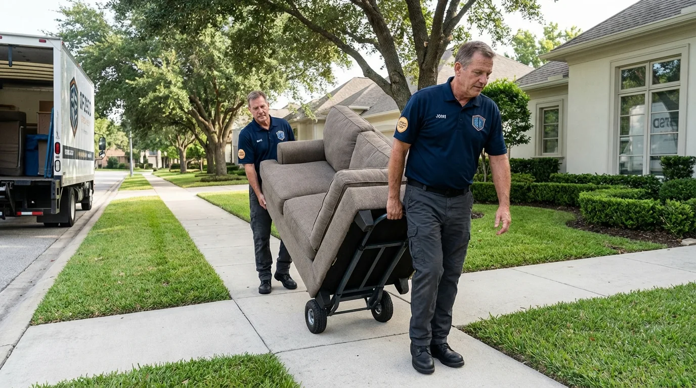 Local residential moving crew loading furniture in East Moline, IL