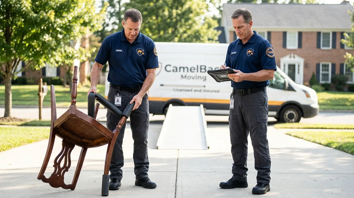 Movers inspecting furniture for damage prevention before loading in East Moline, IL