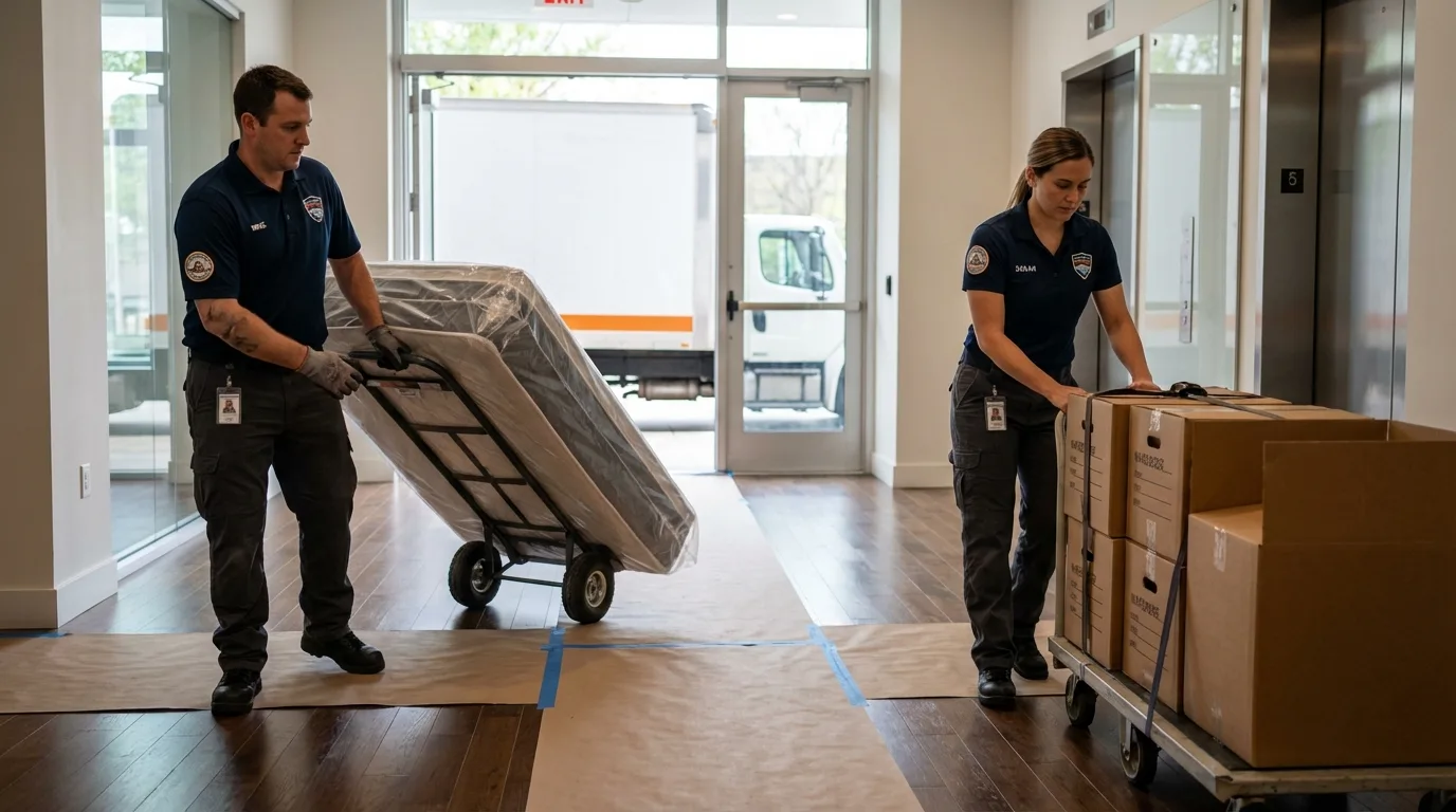 Professional apartment movers loading elevator in East Moline, IL