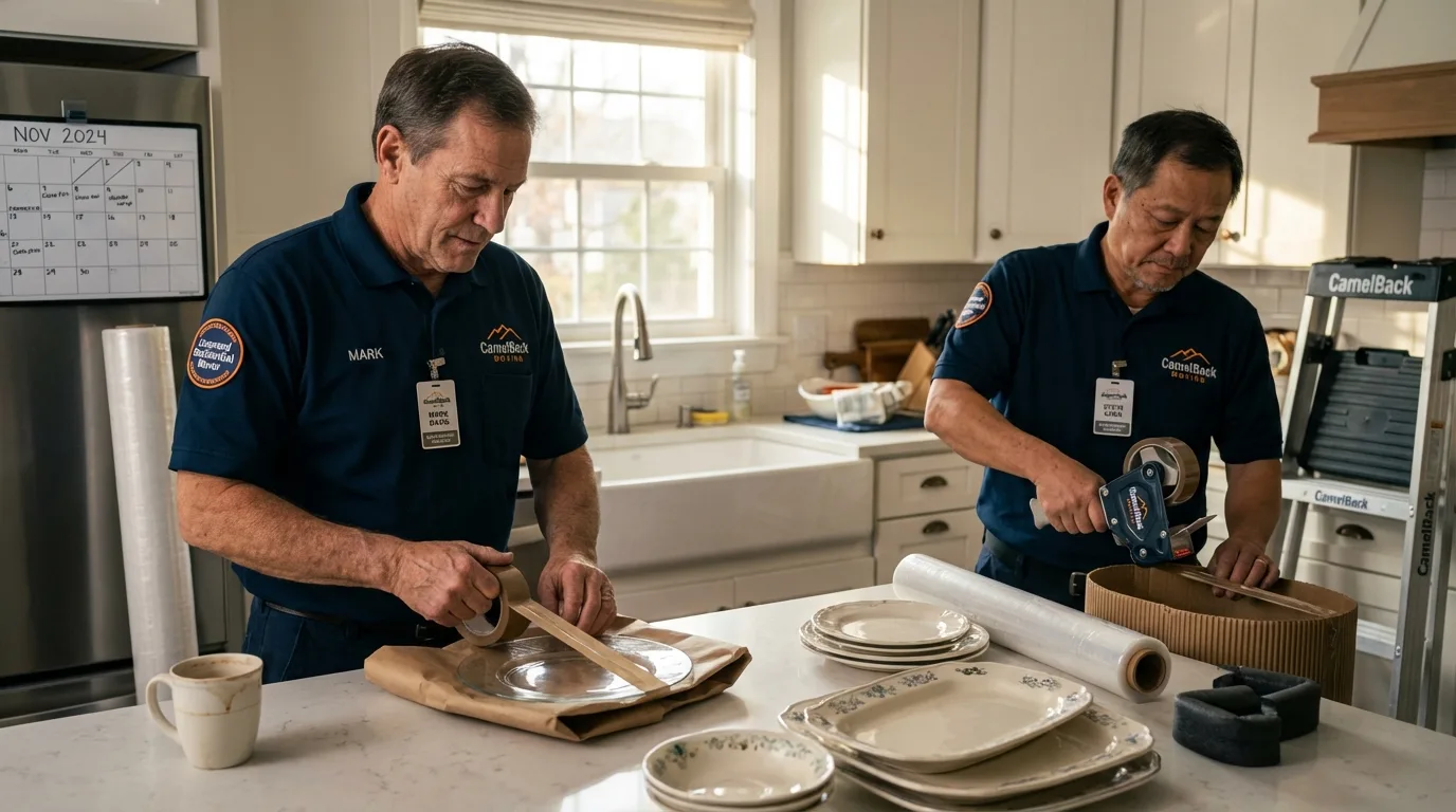 Professional crew packing kitchen dishware in East Moline, IL